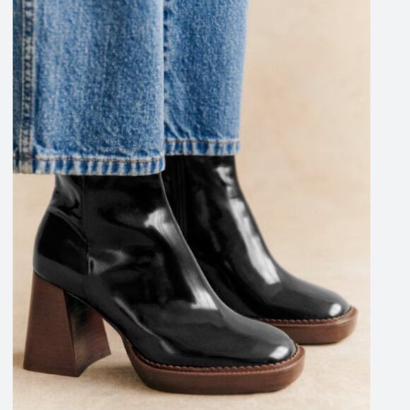 Sezane Kaia High Ankle Boots Glossy Black - Picture 2 of 7